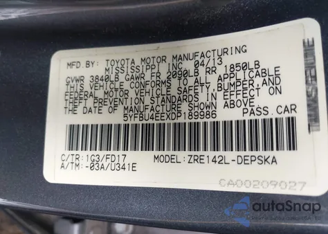 2013 Toyota Corolla S z USA, uszkodzony, nr VIN 5YFBU4EEXDP189986